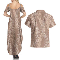 Hawaii Plumeria Lei Couples Matching Summer Maxi Dress and Hawaiian Shirt Aloha Festive Vibe - Beige