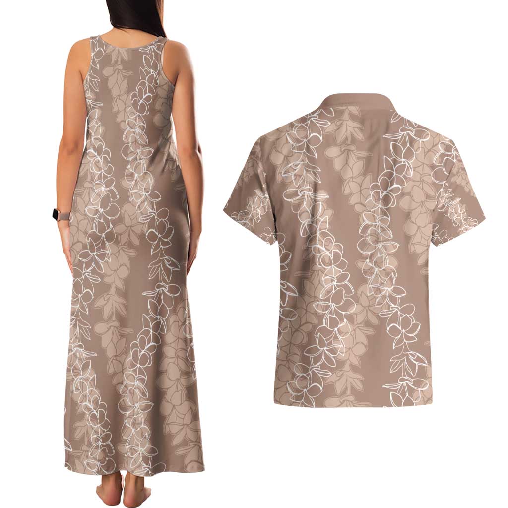 Hawaii Plumeria Lei Couples Matching Tank Maxi Dress and Hawaiian Shirt Aloha Festive Vibe - Beige