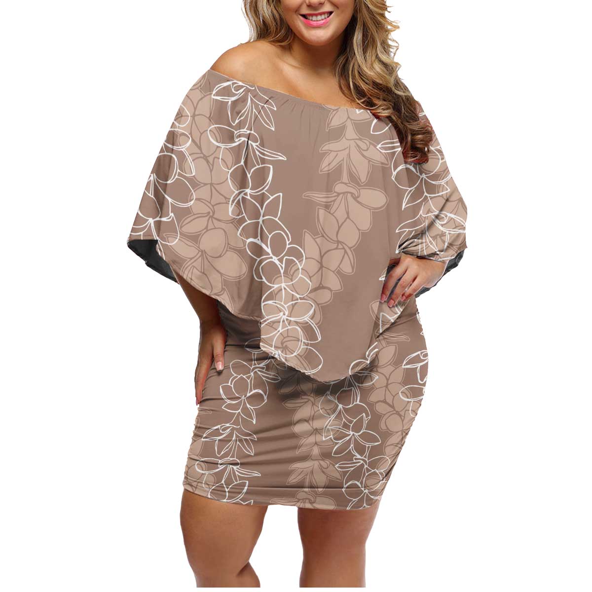 Hawaii Plumeria Lei Family Matching Off Shoulder Short Dress and Hawaiian Shirt Aloha Festive Vibe - Beige
