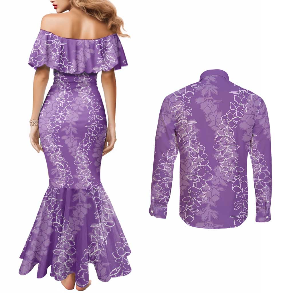 Hawaii Plumeria Lei Couples Matching Mermaid Dress and Long Sleeve Button Shirt Aloha Festive Vibe - Violet