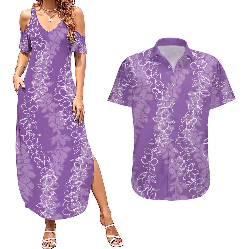 Hawaii Plumeria Lei Couples Matching Summer Maxi Dress and Hawaiian Shirt Aloha Festive Vibe - Violet