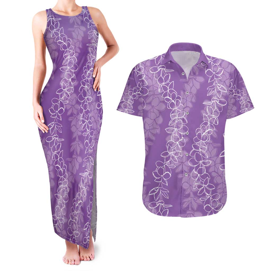 Hawaii Plumeria Lei Couples Matching Tank Maxi Dress and Hawaiian Shirt Aloha Festive Vibe - Violet
