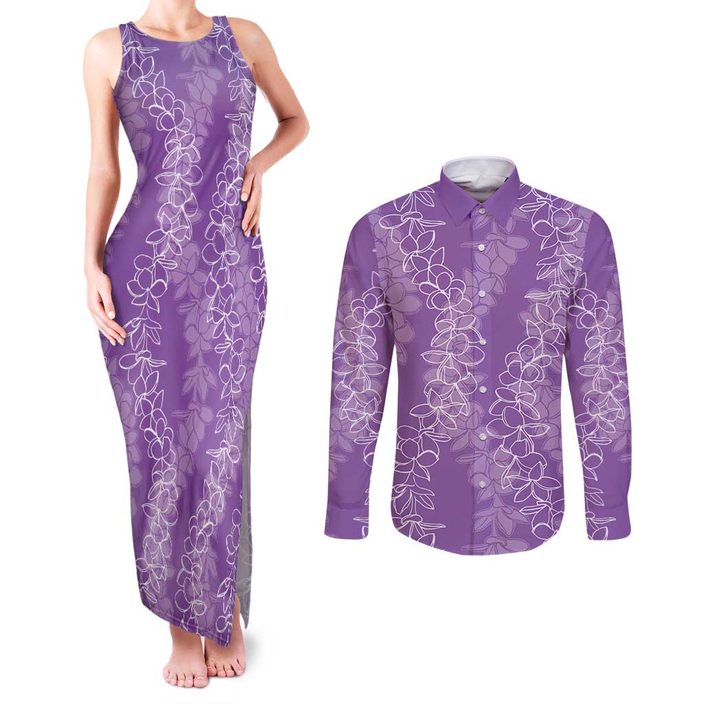Hawaii Plumeria Lei Couples Matching Tank Maxi Dress and Long Sleeve Button Shirt Aloha Festive Vibe - Violet