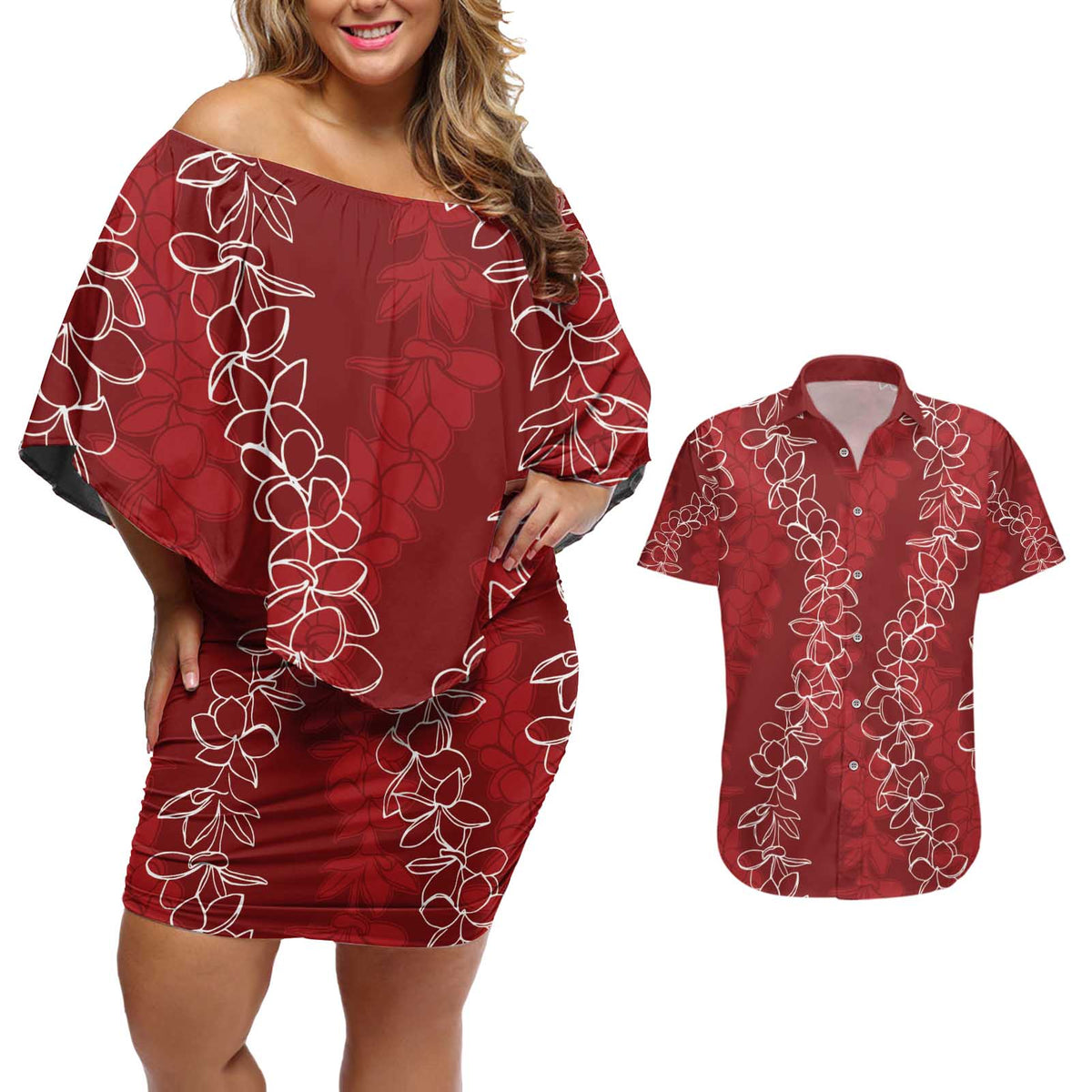 Hawaii Plumeria Lei Couples Matching Off Shoulder Short Dress and Hawaiian Shirt Aloha Festive Vibe - Crimson