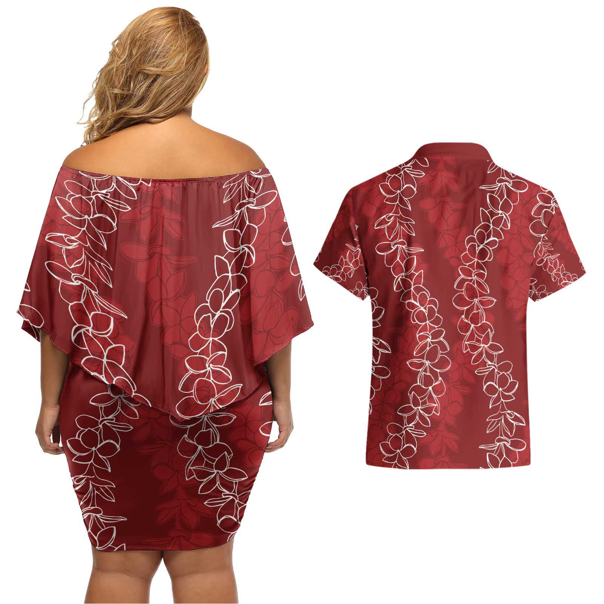 Hawaii Plumeria Lei Couples Matching Off Shoulder Short Dress and Hawaiian Shirt Aloha Festive Vibe - Crimson