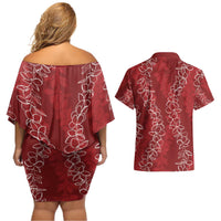 Hawaii Plumeria Lei Couples Matching Off Shoulder Short Dress and Hawaiian Shirt Aloha Festive Vibe - Crimson