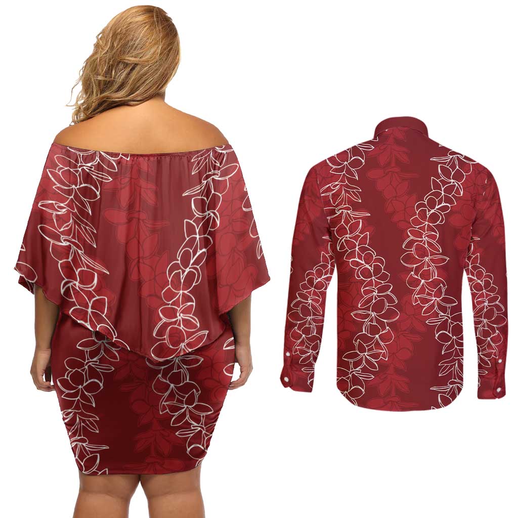 Hawaii Plumeria Lei Couples Matching Off Shoulder Short Dress and Long Sleeve Button Shirt Aloha Festive Vibe - Crimson