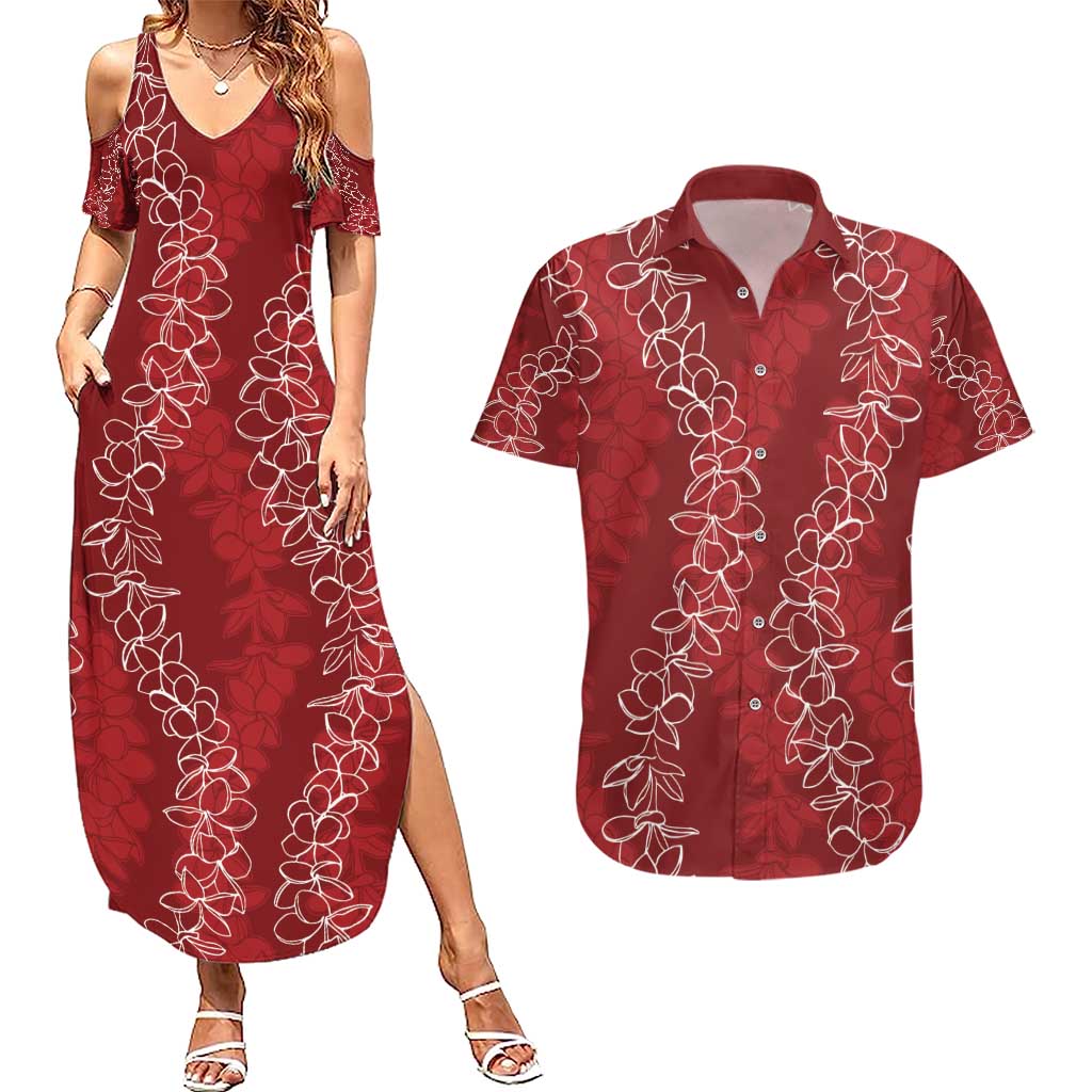 Hawaii Plumeria Lei Couples Matching Summer Maxi Dress and Hawaiian Shirt Aloha Festive Vibe - Crimson