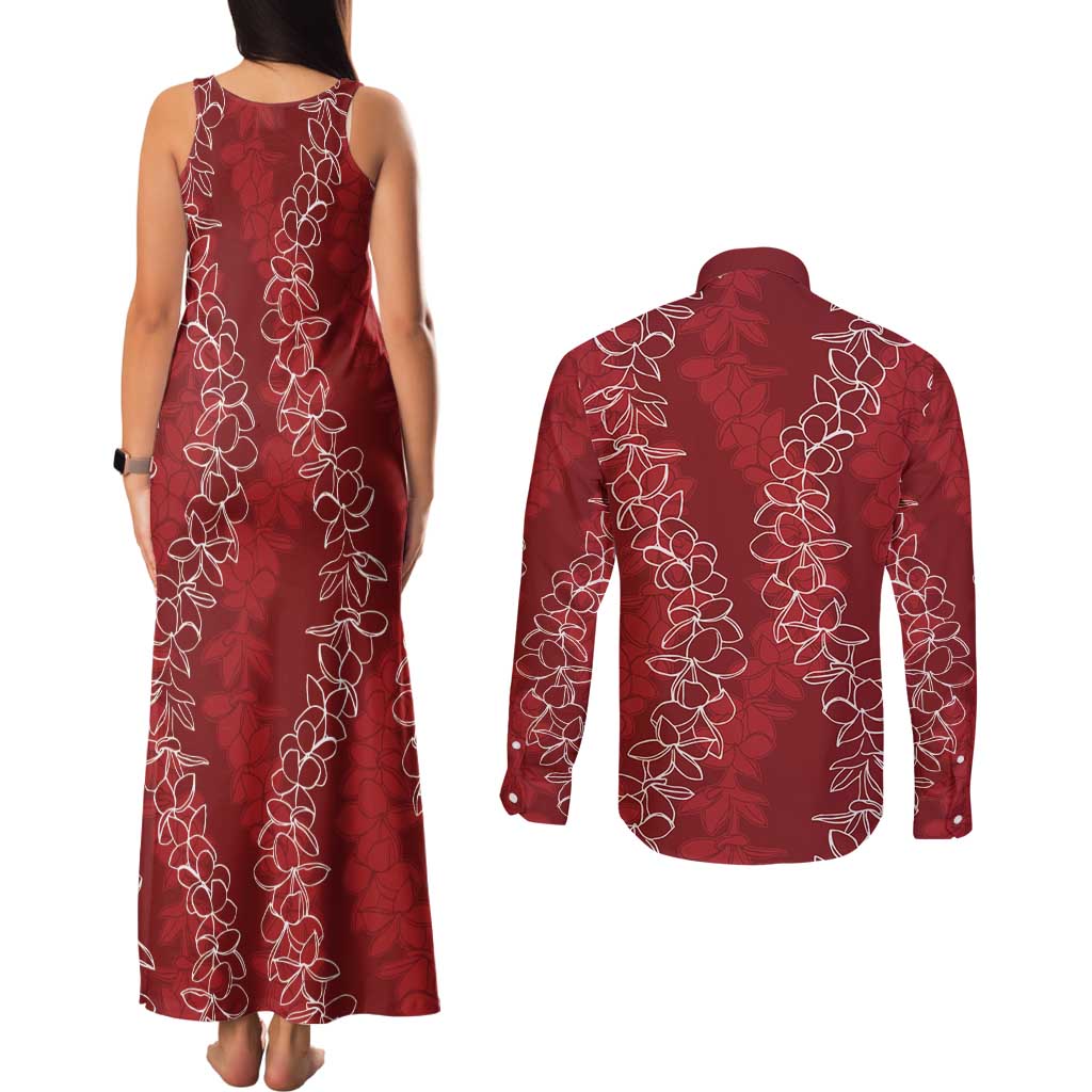 Hawaii Plumeria Lei Couples Matching Tank Maxi Dress and Long Sleeve Button Shirt Aloha Festive Vibe - Crimson