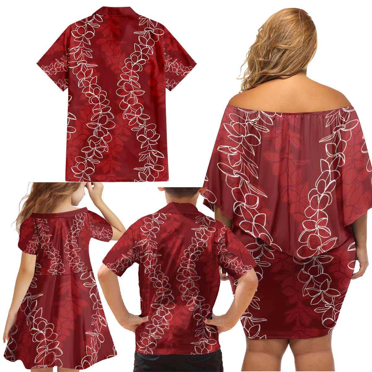 Hawaii Plumeria Lei Family Matching Off Shoulder Short Dress and Hawaiian Shirt Aloha Festive Vibe - Crimson