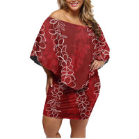 Hawaii Plumeria Lei Family Matching Off Shoulder Short Dress and Hawaiian Shirt Aloha Festive Vibe - Crimson