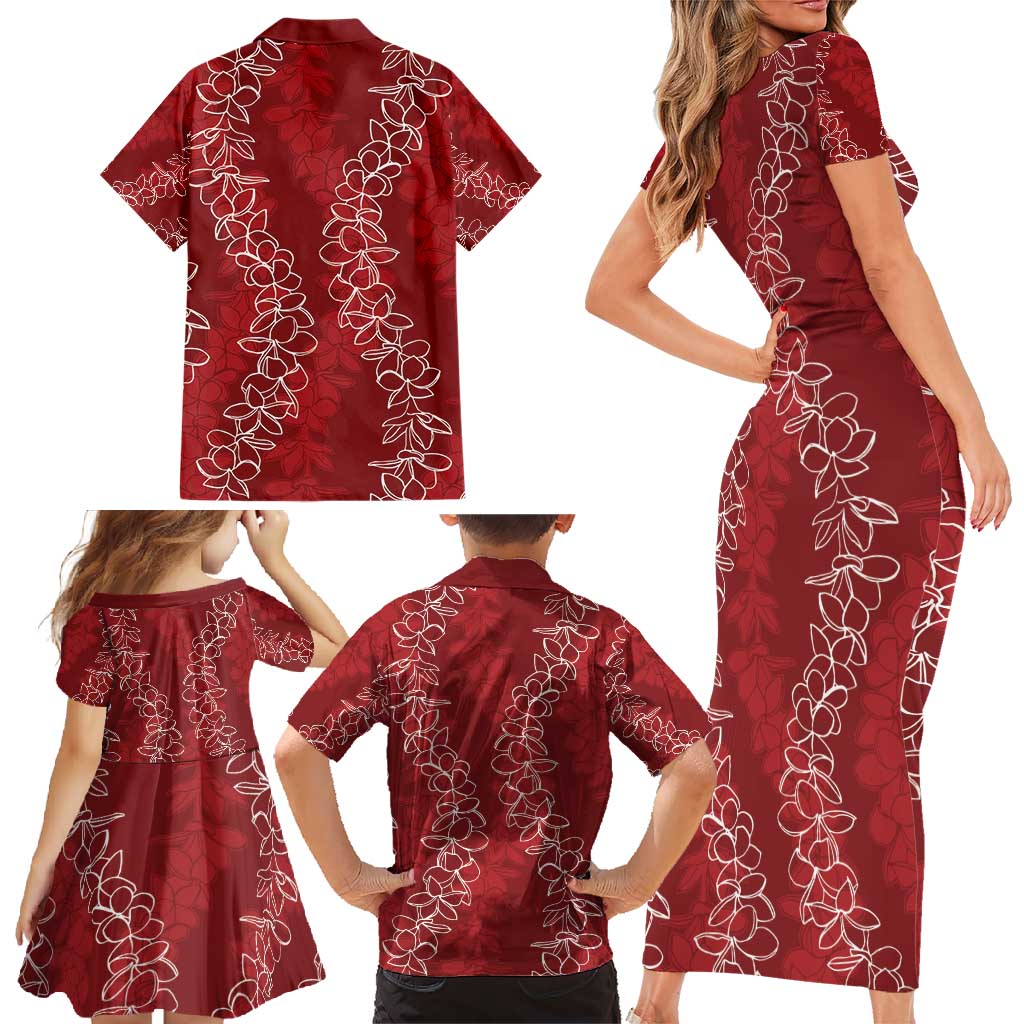 Hawaii Plumeria Lei Family Matching Short Sleeve Bodycon Dress and Hawaiian Shirt Aloha Festive Vibe - Crimson