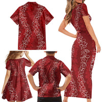 Hawaii Plumeria Lei Family Matching Short Sleeve Bodycon Dress and Hawaiian Shirt Aloha Festive Vibe - Crimson