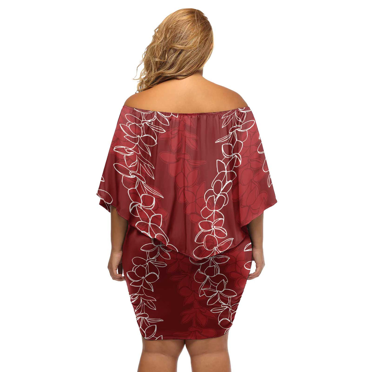 Hawaii Plumeria Lei Off Shoulder Short Dress Aloha Festive Vibe - Crimson