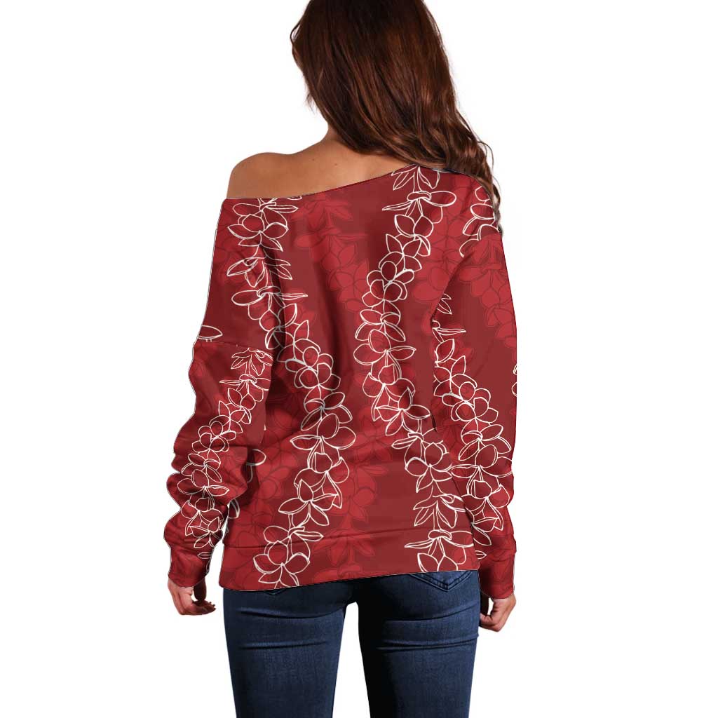 Hawaii Plumeria Lei Off Shoulder Sweater Aloha Festive Vibe - Crimson