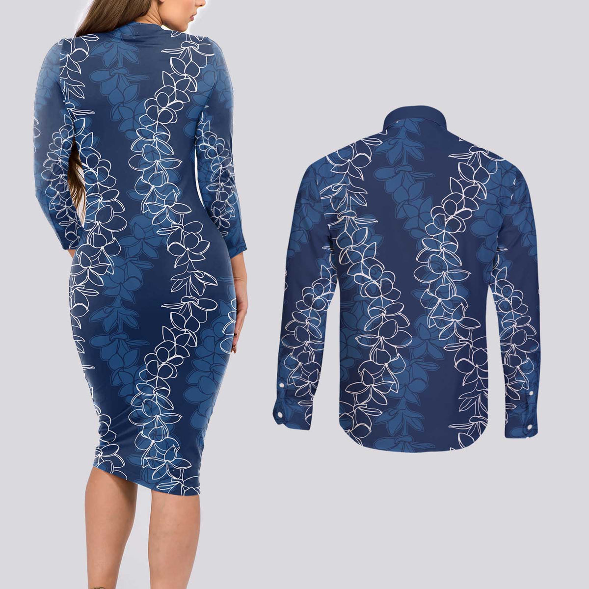 Hawaii Plumeria Lei Couples Matching Long Sleeve Bodycon Dress and Long Sleeve Button Shirt Aloha Festive Vibe - Navy Blue