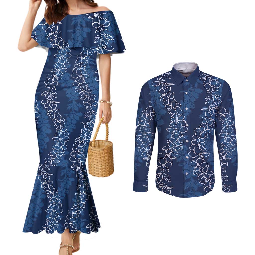 Hawaii Plumeria Lei Couples Matching Mermaid Dress and Long Sleeve Button Shirt Aloha Festive Vibe - Navy Blue