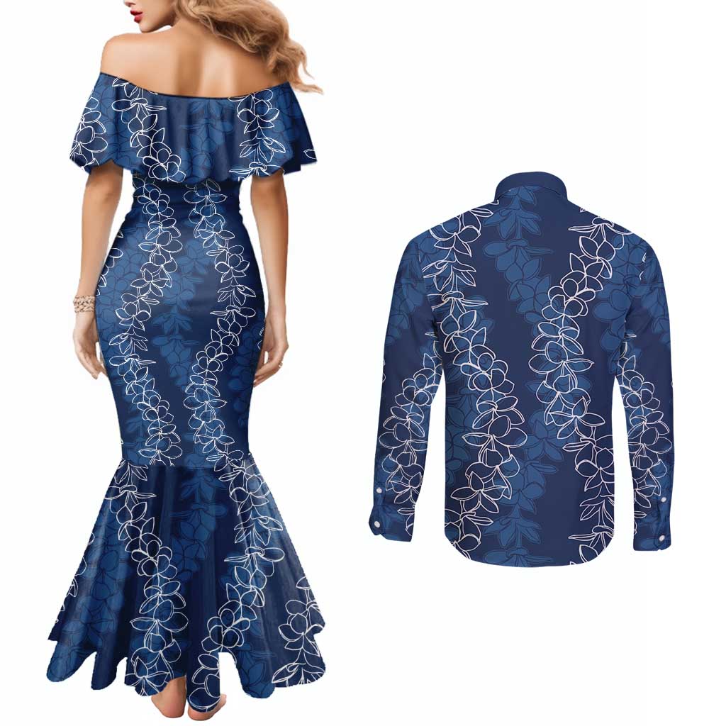 Hawaii Plumeria Lei Couples Matching Mermaid Dress and Long Sleeve Button Shirt Aloha Festive Vibe - Navy Blue