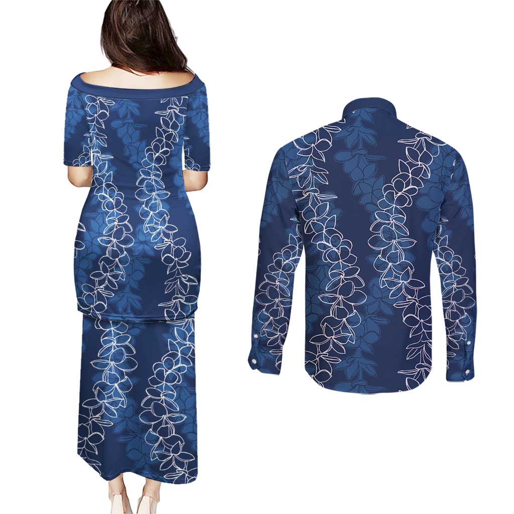 Hawaii Plumeria Lei Couples Matching Puletasi and Long Sleeve Button Shirt Aloha Festive Vibe - Navy Blue