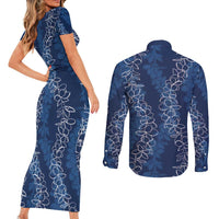 Hawaii Plumeria Lei Couples Matching Short Sleeve Bodycon Dress and Long Sleeve Button Shirt Aloha Festive Vibe - Navy Blue