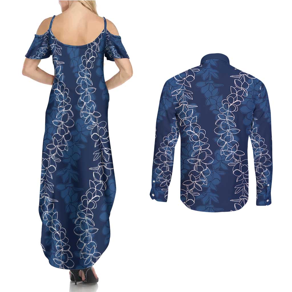 Hawaii Plumeria Lei Couples Matching Summer Maxi Dress and Long Sleeve Button Shirt Aloha Festive Vibe - Navy Blue