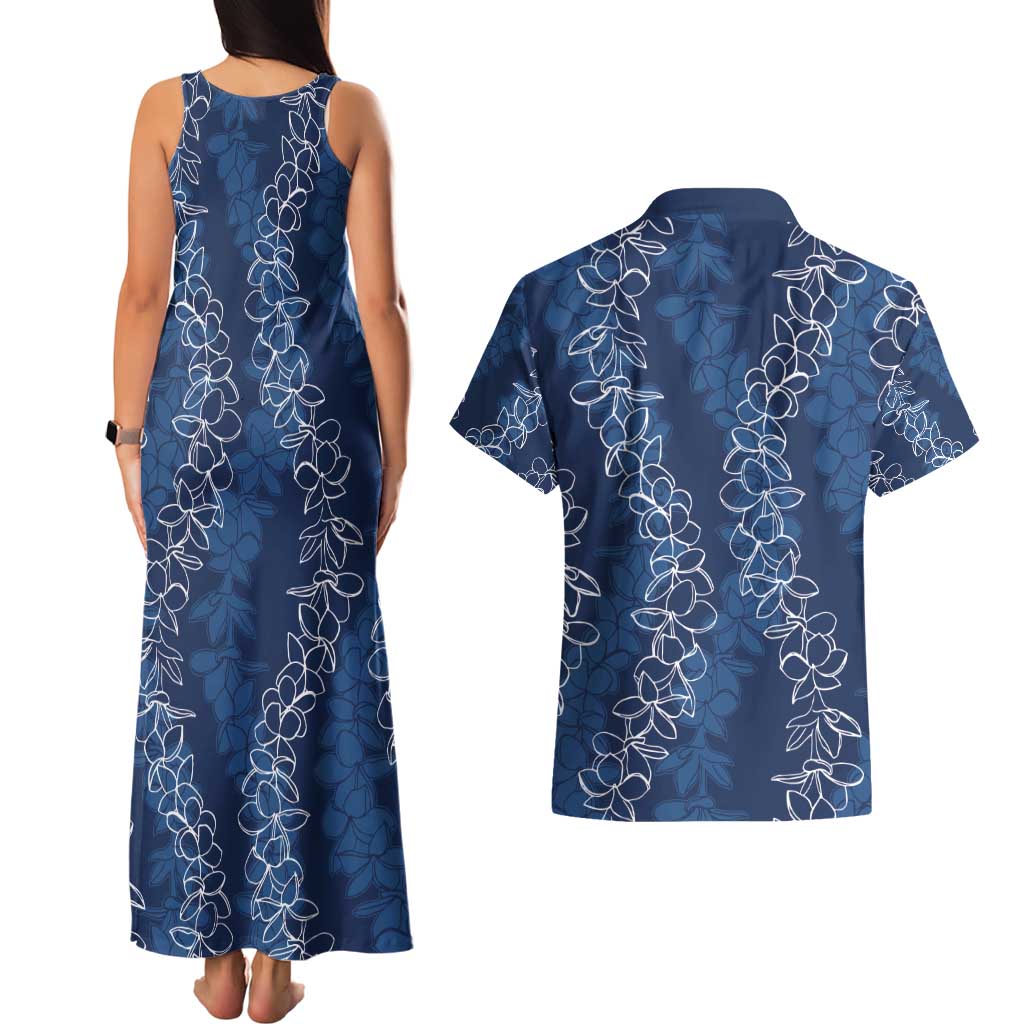 Hawaii Plumeria Lei Couples Matching Tank Maxi Dress and Hawaiian Shirt Aloha Festive Vibe - Navy Blue