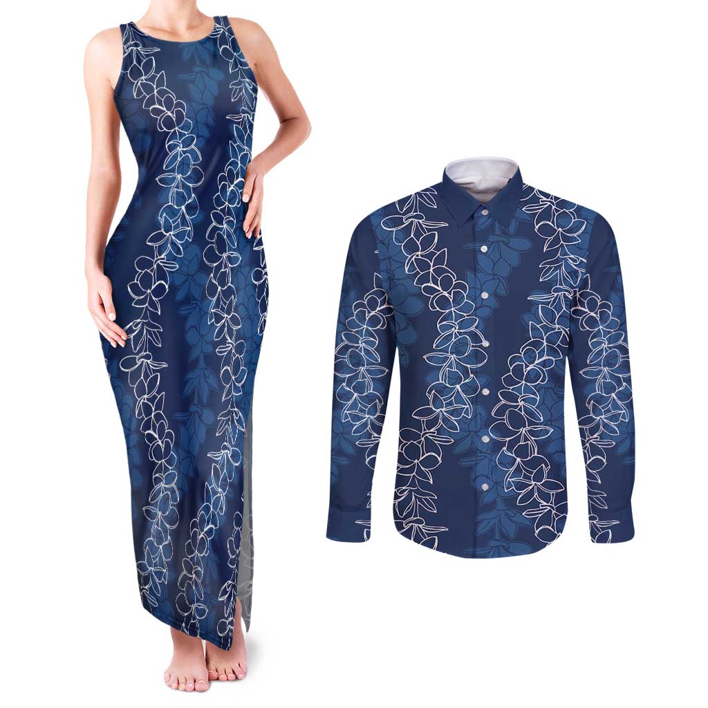 Hawaii Plumeria Lei Couples Matching Tank Maxi Dress and Long Sleeve Button Shirt Aloha Festive Vibe - Navy Blue