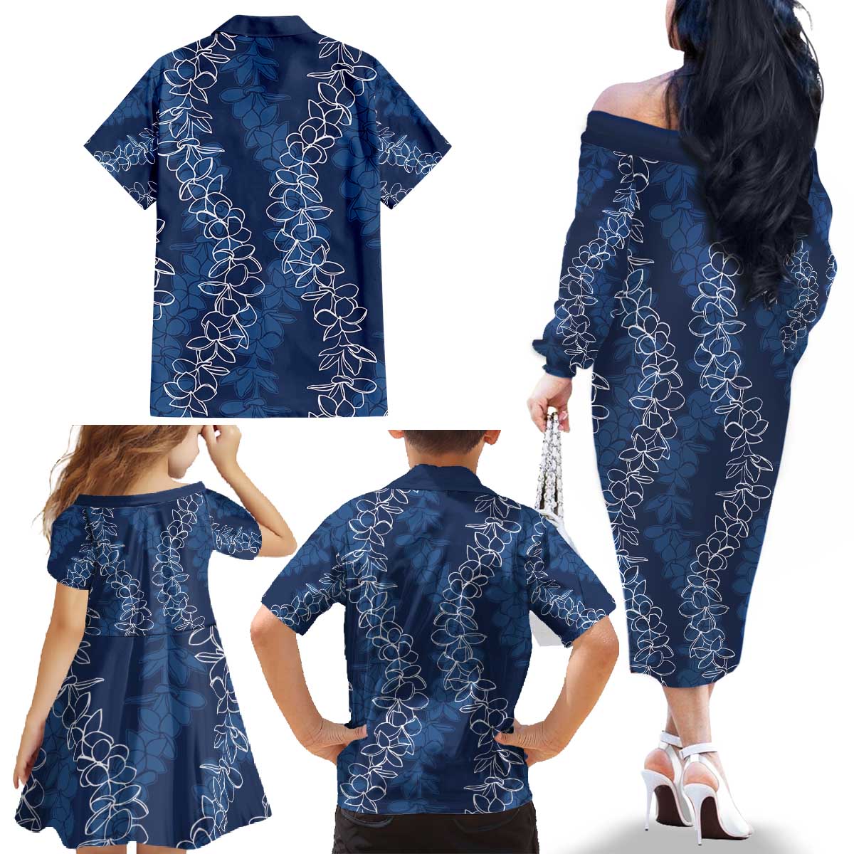 Hawaii Plumeria Lei Family Matching Off The Shoulder Long Sleeve Dress and Hawaiian Shirt Aloha Festive Vibe - Navy Blue