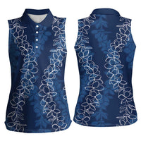 Hawaii Plumeria Lei Women Sleeveless Polo Shirt Aloha Festive Vibe - Navy Blue