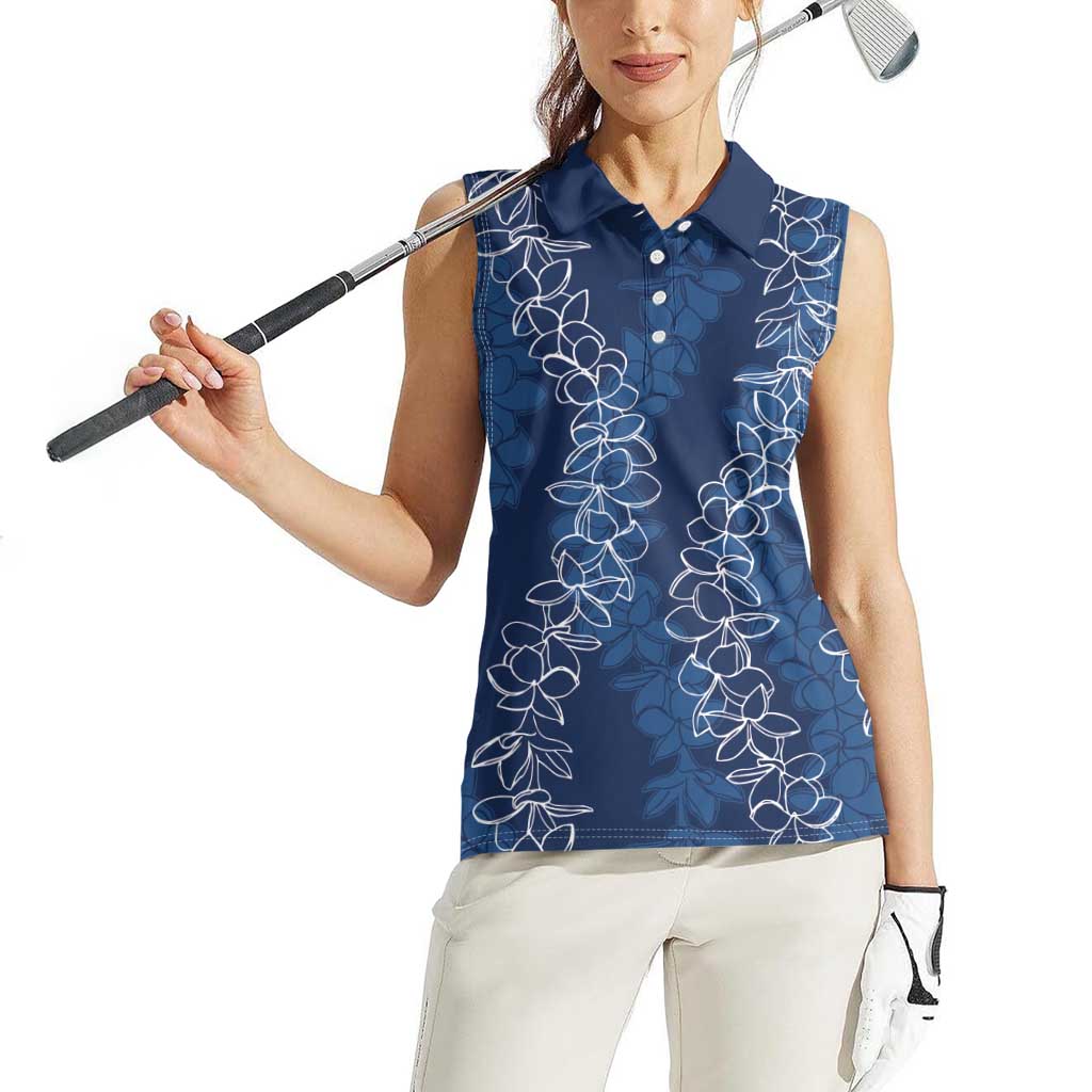 Hawaii Plumeria Lei Women Sleeveless Polo Shirt Aloha Festive Vibe - Navy Blue