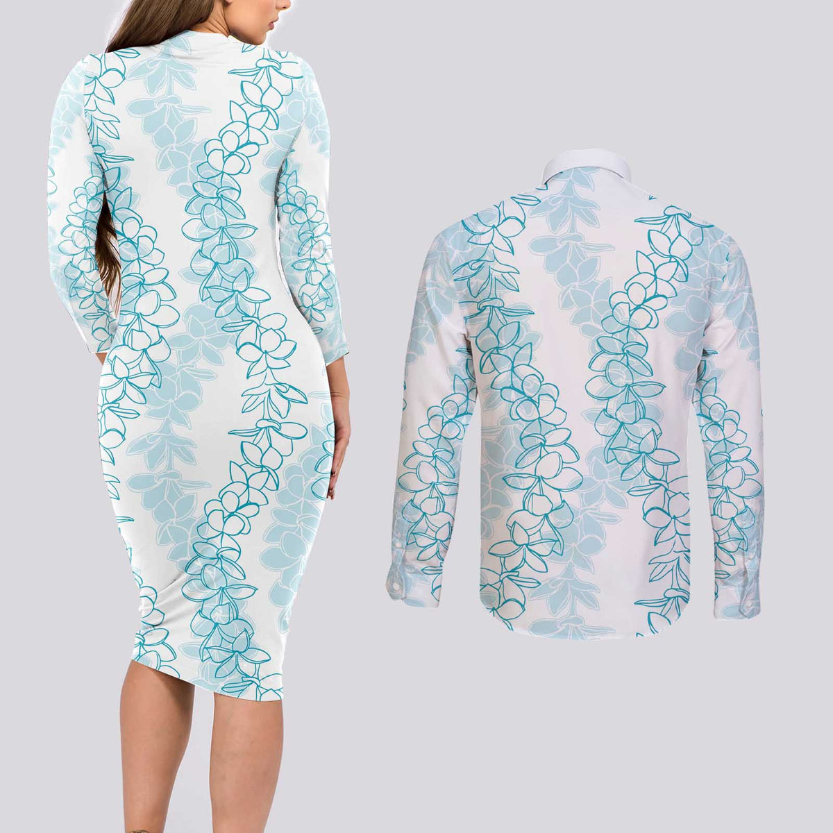 Hawaii Plumeria Lei Couples Matching Long Sleeve Bodycon Dress and Long Sleeve Button Shirt Aloha Festive Vibe - Turquoise