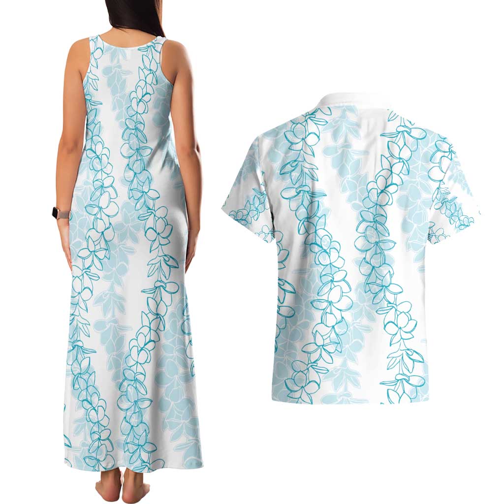 Hawaii Plumeria Lei Couples Matching Tank Maxi Dress and Hawaiian Shirt Aloha Festive Vibe - Turquoise