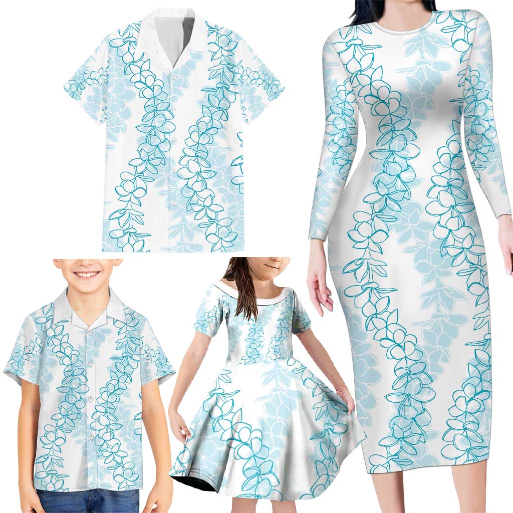 Hawaii Plumeria Lei Family Matching Long Sleeve Bodycon Dress and Hawaiian Shirt Aloha Festive Vibe - Turquoise LT7 - Polynesian Pride