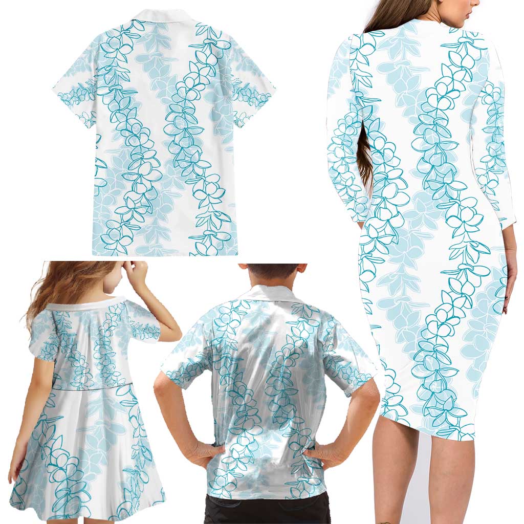 Hawaii Plumeria Lei Family Matching Long Sleeve Bodycon Dress and Hawaiian Shirt Aloha Festive Vibe - Turquoise LT7 - Polynesian Pride