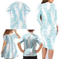 Hawaii Plumeria Lei Family Matching Long Sleeve Bodycon Dress and Hawaiian Shirt Aloha Festive Vibe - Turquoise LT7 - Polynesian Pride