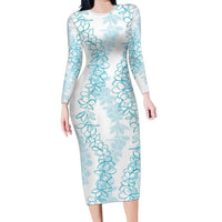 Hawaii Plumeria Lei Family Matching Long Sleeve Bodycon Dress and Hawaiian Shirt Aloha Festive Vibe - Turquoise LT7 Mom's Dress Turquoise - Polynesian Pride