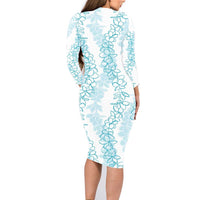 Hawaii Plumeria Lei Family Matching Long Sleeve Bodycon Dress and Hawaiian Shirt Aloha Festive Vibe - Turquoise LT7 - Polynesian Pride