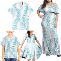 Hawaii Plumeria Lei Family Matching Off Shoulder Maxi Dress and Hawaiian Shirt Aloha Festive Vibe - Turquoise