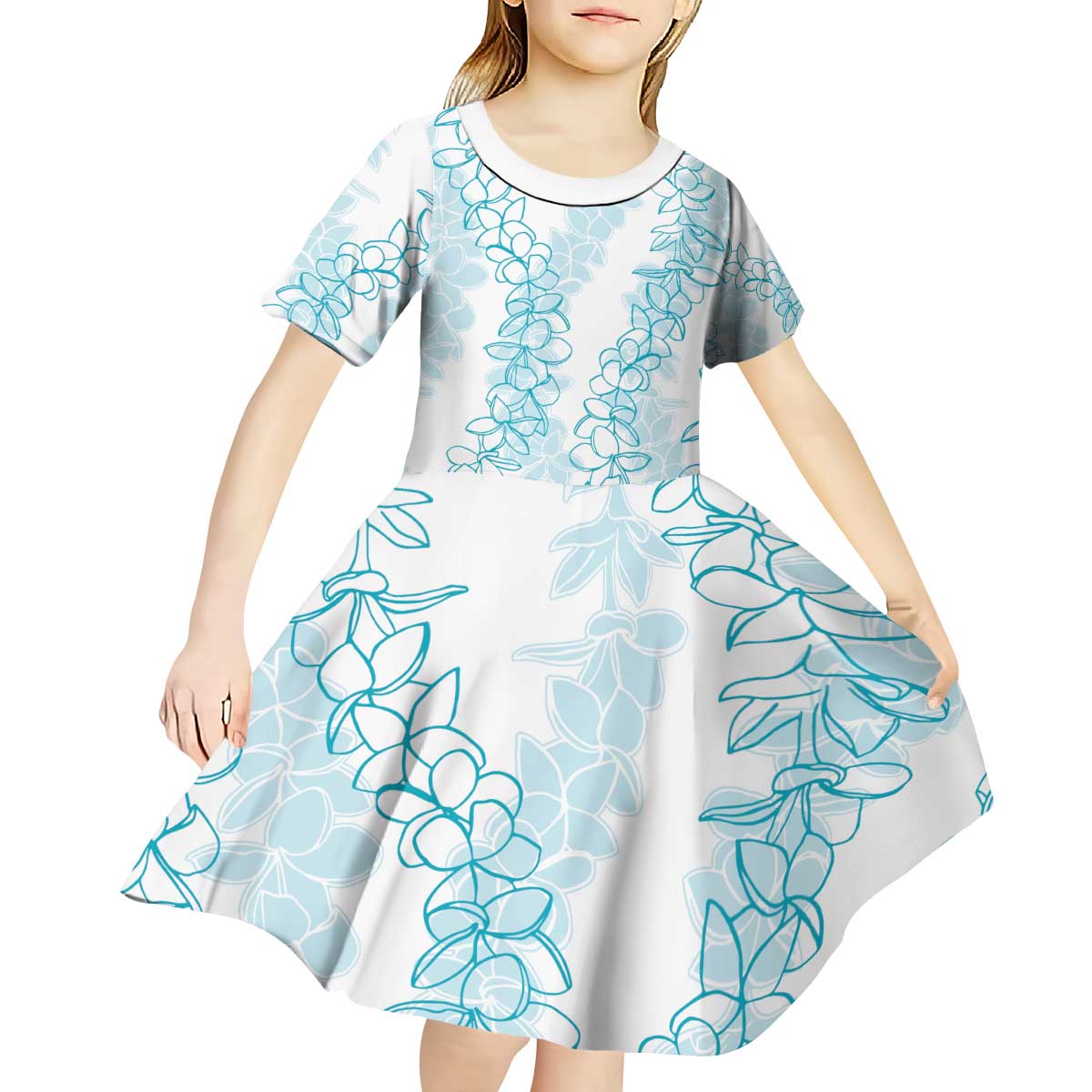 Hawaii Plumeria Lei Kid Short Sleeve Dress Aloha Festive Vibe - Turquoise