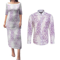 Hawaii Plumeria Lei Couples Matching Puletasi and Long Sleeve Button Shirt Aloha Festive Vibe - Amethyst LT7 Amethyst - Polynesian Pride