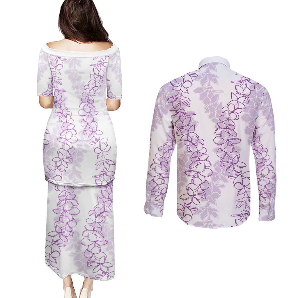 Hawaii Plumeria Lei Couples Matching Puletasi and Long Sleeve Button Shirt Aloha Festive Vibe - Amethyst LT7 - Polynesian Pride