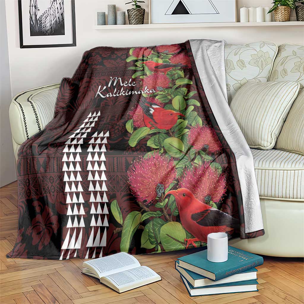 Hawaii Mele Kalikimaka Kakau Blanket I'iwi Bird on Ohia Lehua LT7 Black Red - Polynesian Pride