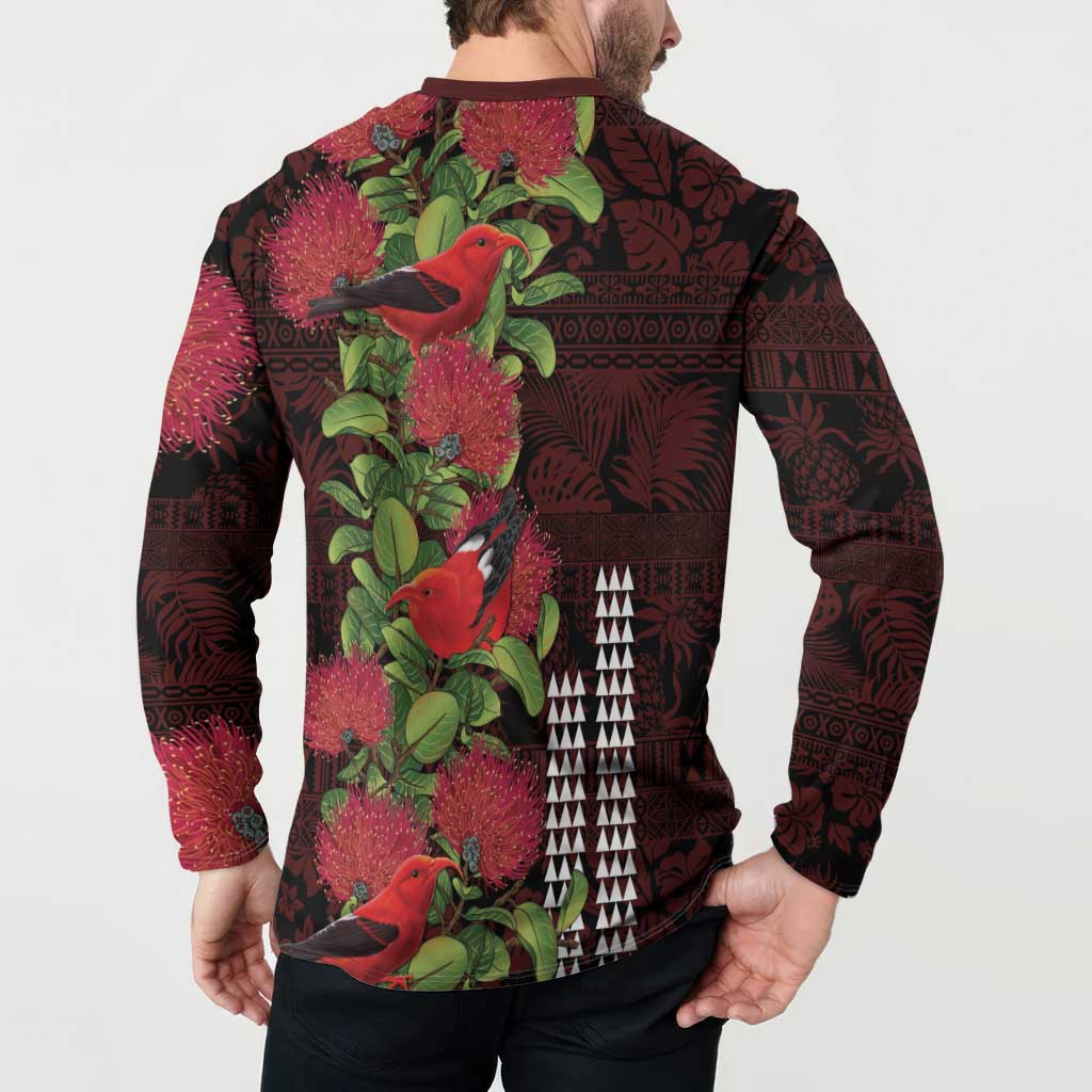 Hawaii Mele Kalikimaka Kakau Button Sweatshirt I'iwi Bird on Ohia Lehua