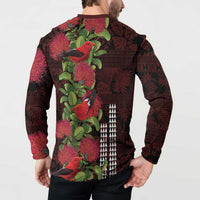 Hawaii Mele Kalikimaka Kakau Button Sweatshirt I'iwi Bird on Ohia Lehua