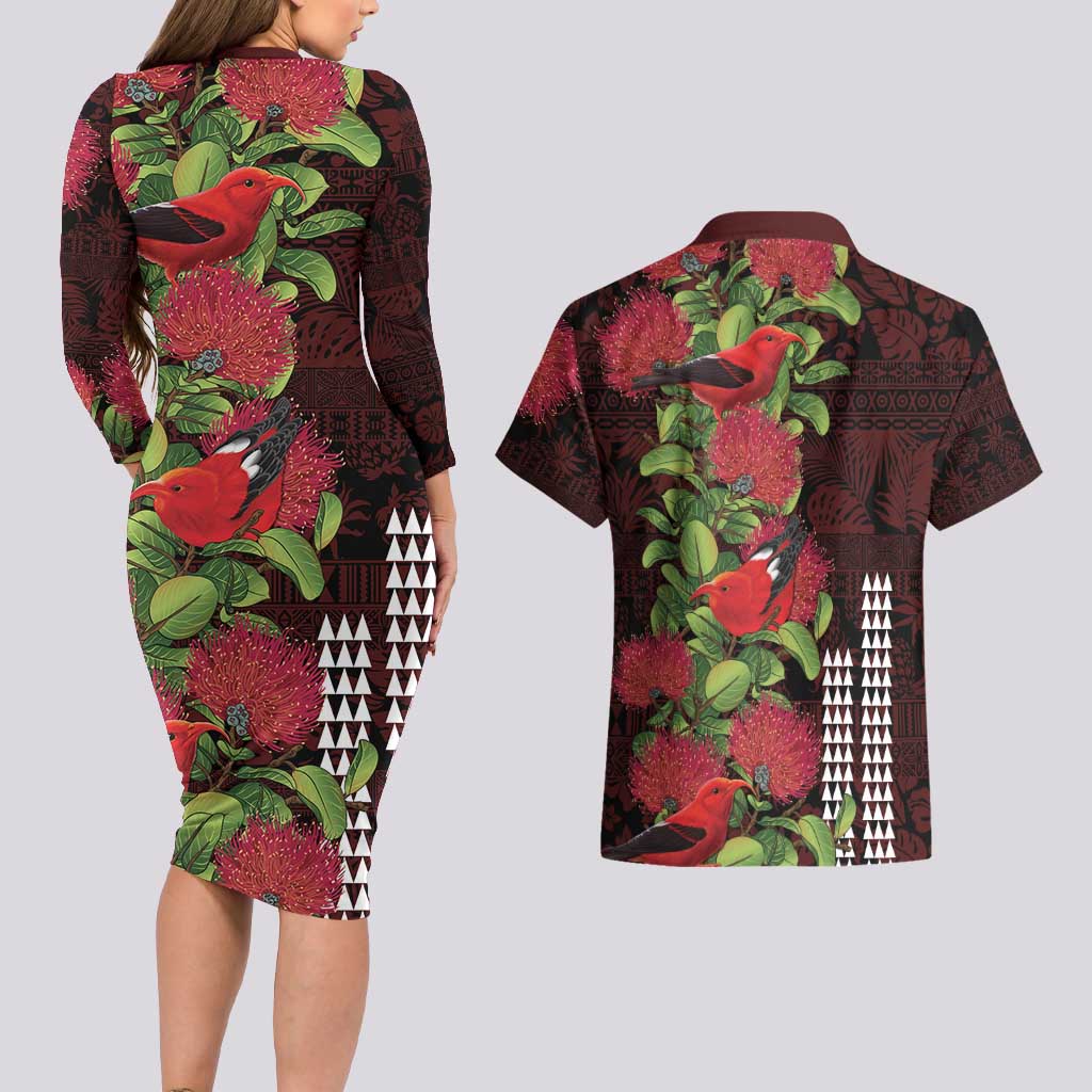Hawaii Mele Kalikimaka Kakau Couples Matching Long Sleeve Bodycon Dress and Hawaiian Shirt I'iwi Bird on Ohia Lehua