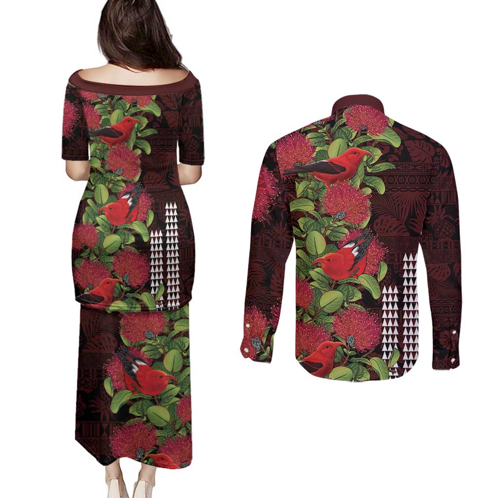 Hawaii Mele Kalikimaka Kakau Couples Matching Puletasi and Long Sleeve Button Shirt I'iwi Bird on Ohia Lehua