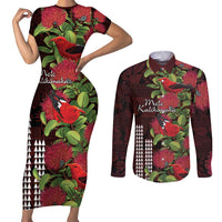 Hawaii Mele Kalikimaka Kakau Couples Matching Short Sleeve Bodycon Dress and Long Sleeve Button Shirt I'iwi Bird on Ohia Lehua