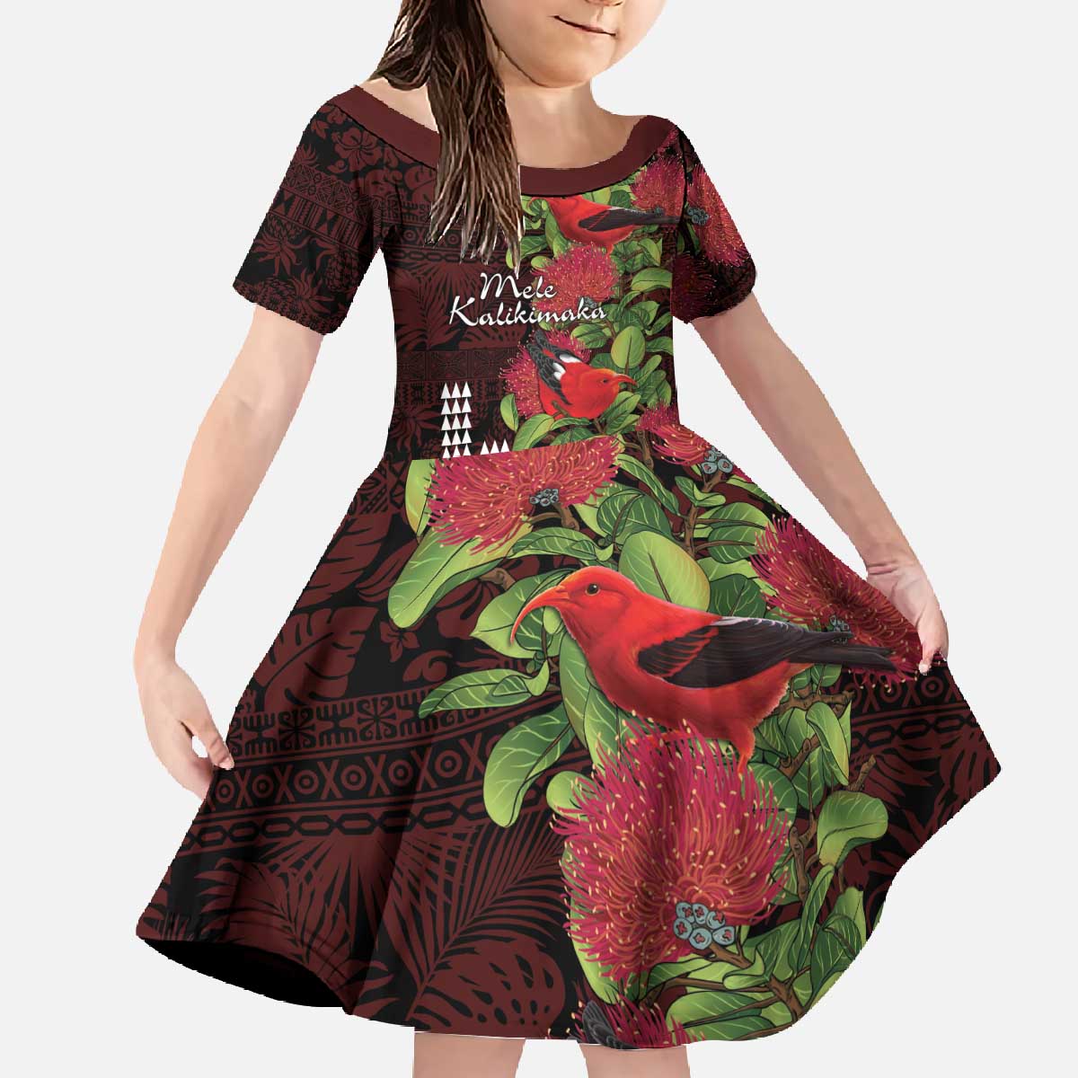 Hawaii Mele Kalikimaka Kakau Family Matching Off The Shoulder Long Sleeve Dress and Hawaiian Shirt I'iwi Bird on Ohia Lehua LT7 Daughter's Dress Black Red - Polynesian Pride