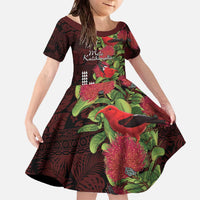 Hawaii Mele Kalikimaka Kakau Family Matching Off The Shoulder Long Sleeve Dress and Hawaiian Shirt I'iwi Bird on Ohia Lehua LT7 Daughter's Dress Black Red - Polynesian Pride