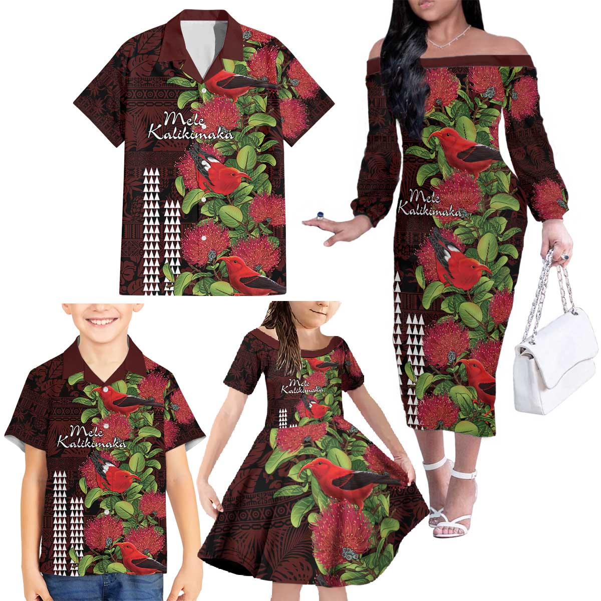 Hawaii Mele Kalikimaka Kakau Family Matching Off The Shoulder Long Sleeve Dress and Hawaiian Shirt I'iwi Bird on Ohia Lehua LT7 - Polynesian Pride